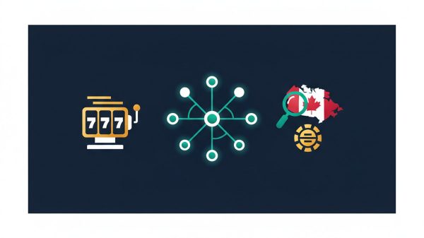 Editorial illustration of neural network nodes with casino chip and slot reel symbols representing AI in casino discovery