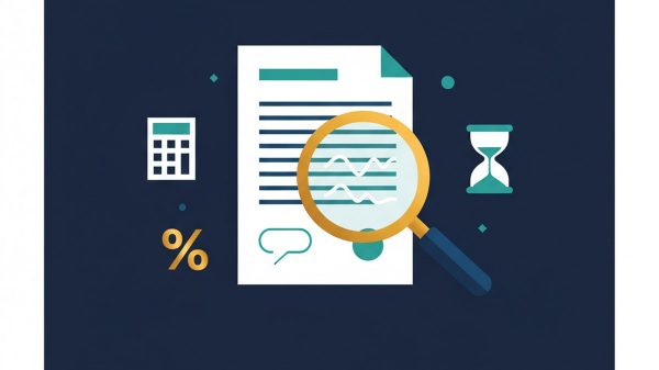 Editorial illustration of contract document with magnifying glass revealing fine print, calculator and hourglass icons on navy background