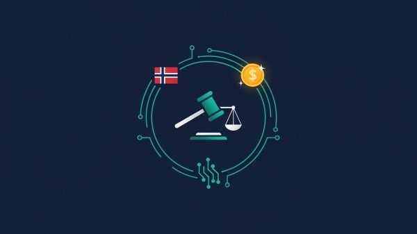 Editorial illustration of scales of justice with Norwegian flag cross and gold coin symbols representing Norwegian gambling regulation