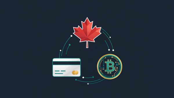 Editorial illustration showing Interac maple leaf, credit card, and Bitcoin coin in triangular arrangement with connecting teal flow lines