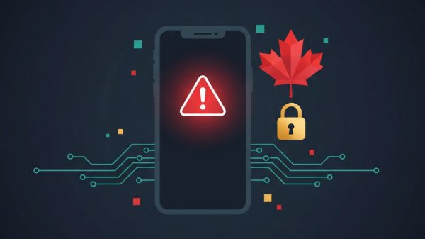 Canadian Interac e-Transfer deposit blocked, editorial illustration with smartphone warning icon, maple leaf and gold padlock on navy background
