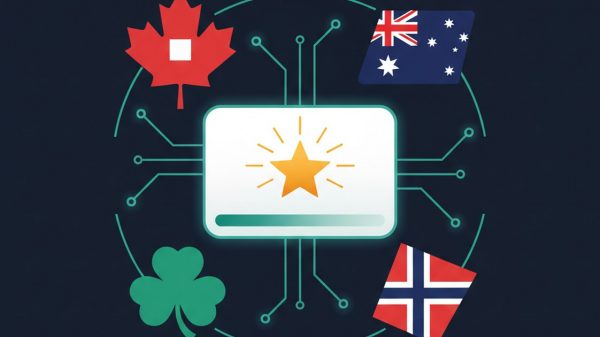 April 2026 casino market update illustration with central star rating dashboard and four geo flag icons for Canada Australia Ireland Norway connected by teal circuit lines on navy background