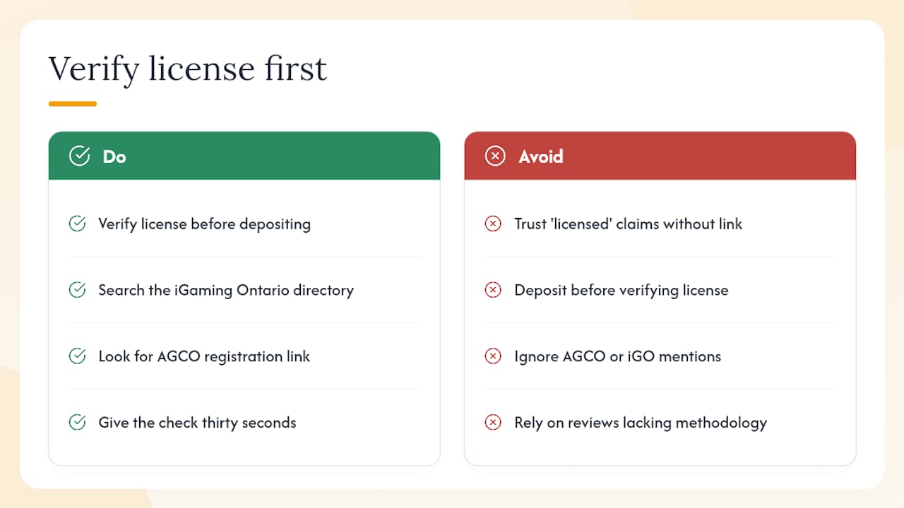 Ontario casino licence check: verify the licence and search the iGaming Ontario directory before depositing; do not trust an unlinked "licensed" badge
