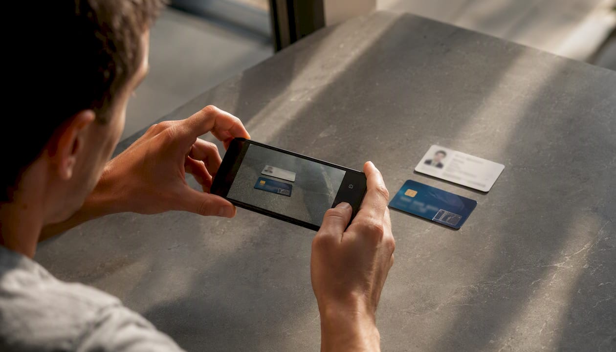 Person photographing an ID card and a bank card with a smartphone for casino identity verification